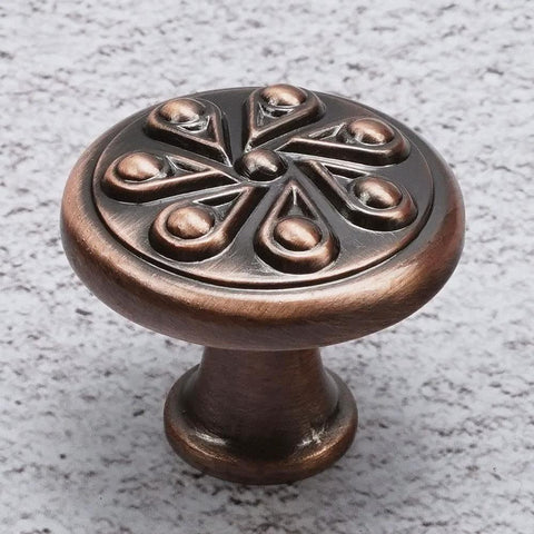 Antique Copper Round Cabinet Knob with decorative design, part of 5 Pack for Drawers and Wardrobes, Zinc Alloy, 1-3/16 Inch Diameter