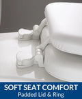 Comfy Cushioned Toilet Seat With Padded Vinyl Cover Over Wood Core, Secure Hinges, Easy Clean, Made In USA, Round White, No Wobble
