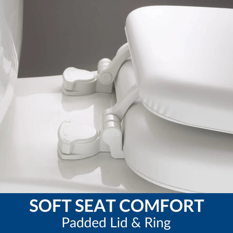 Comfy Cushioned Toilet Seat With Padded Vinyl Cover Over Wood Core, Secure Hinges, Easy Clean, Made In USA, Round White, No Wobble