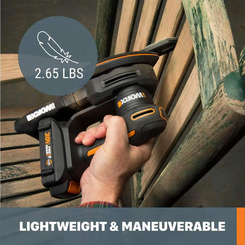 Using Cordless Detail Sander 20V Power Share Tool Only, Lightweight Palm Sander With 13000 OPM on wooden chair arm