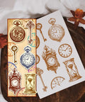 Vintage Clock Clear Stamp Super Crisp Hourglass Design For Scrapbooking And Journal Crafting, with multiple designs on a clear sheet.