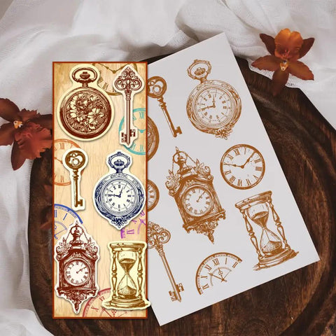 Vintage Clock Clear Stamp Super Crisp Hourglass Design For Scrapbooking And Journal Crafting, with multiple designs on a clear sheet.