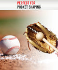 Glove Break In Kit With Mallet And Wrap Bundle 3 Piece Set Black shown with mallet shaping a baseball glove pocket on field