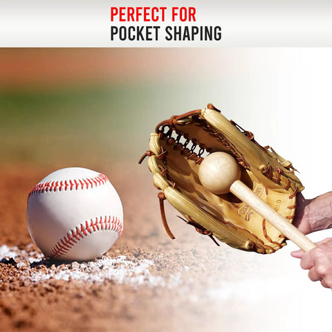 Glove Break In Kit With Mallet And Wrap Bundle 3 Piece Set Black shown with mallet shaping a baseball glove pocket on field