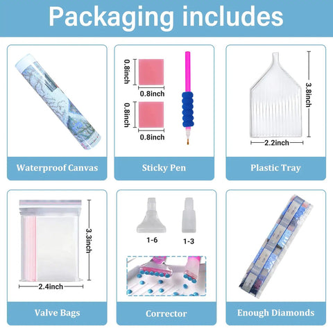 Packaging contents of Hot Air Balloon Diamond Painting Kit For Adults Stained Glass Style Diamond Art Set Gem Art Craft For Home Wall Decor 12x16 Inches Includes All Supplies Extra Beads And Tools For A Chill Relaxing Crafting Experience.