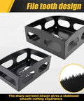 Two black square slot cutters with serrated edges for drywall electrical box cut-ins on oscillating multitools