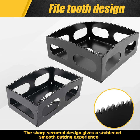 Two black square slot cutters with serrated edges for drywall electrical box cut-ins on oscillating multitools