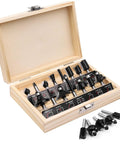 Top Drawer 15 Piece 1/4 Inch Shank Router Bit Set Machined From Grit Resistant Tungsten Carbide Ends in a rustic wooden case.