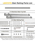 Parts list for Top Notch 304 Stainless Steel Two Step Stair Handrail Kit, including rail, posts, screws, and drill bits.