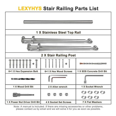 Parts list for Top Notch 304 Stainless Steel Two Step Stair Handrail Kit, including rail, posts, screws, and drill bits.