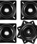 Heavy Duty 6 Inch Bar Stool Swivel Plate 360 Degree Ball Bearing Replacement Square Seat Swivel Base For Recliner Chair Or Furniture 300 Pound Capacity Black Four Pack, showing four black swivel plates arranged together, highlighting the circular ball bearing mechanism and durable construction.