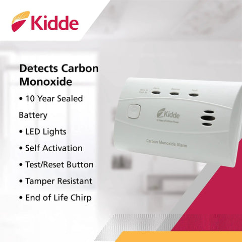 Carbon Monoxide Detector With 10 Year Battery Replacement Indicator Test Reset Button 2 Pack For Home Safety Easy No Wiring Install No Fuss Portable Wall Or Tabletop Alarm Electrochemical Sensor in a home setting with features listed on image.