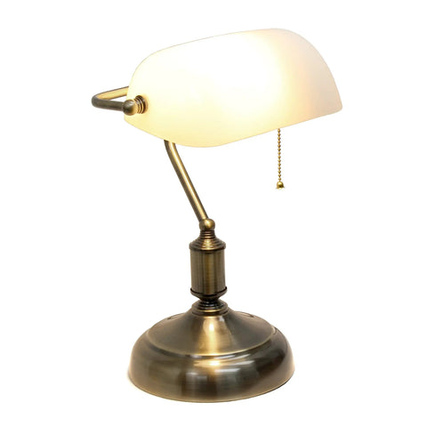 Boss Level Executive Banker's Desk Lamp With Glass Shade In Antique Nickel And White Finish, 10 x 8.66 x 14.75 Inches