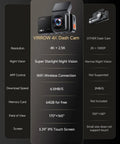 Comparison of Dual Front And Rear Dash Cam With 4K Front And 2.5K Rear, Built-In WiFi, 3.39-Inch Touchscreen, Night Vision features