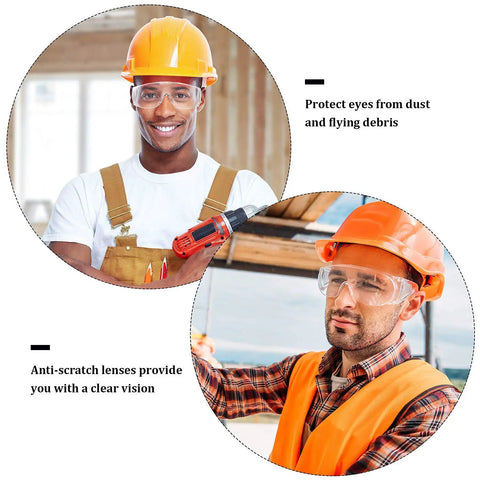 Two workers wearing Six Pairs Clear Safety Glasses That Fit Over Your Glasses, Anti Fog Scratch Resistant Polycarbonate Eye Protection Goggles For Shooting, Lab, Outdoor, Work And Everyday Use Budget Friendly.