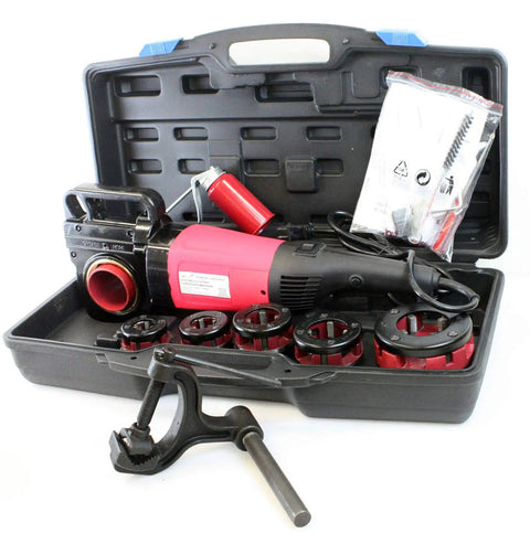 Killer Torque 2000W Portable Electric Pipe Threader Loaded With Six NPT Dies Spanning Half To Two Inches in a carrying case.