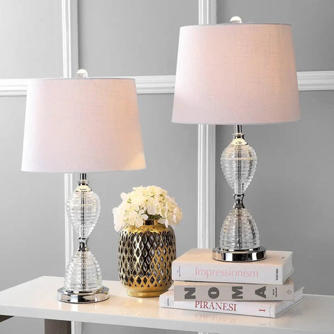 Clear Crystal LED Table Lamp Set Of 2 With Dope Glam Hourglass Design White Linen Shade Chrome Finish Energy Saving Bulbs Included