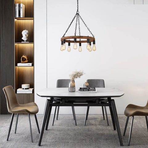 Round Wagon Wheel Chandelier With Eight Lights in dining room, rustic farmhouse pendant fixture, openwork wood and faux rust metal.