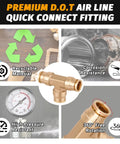 Pro Grade One Quarter Inch Tee Union Push To Connect Brass Air Brake Line Fittings Four Pack DOT Approved Quick Push To Connect Connectors For Trucks Trailers And Industrial Workshops showing brass fitting and features.