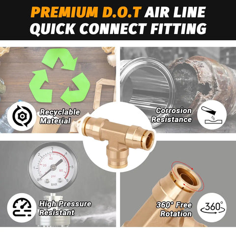 Pro Grade One Quarter Inch Tee Union Push To Connect Brass Air Brake Line Fittings Four Pack DOT Approved Quick Push To Connect Connectors For Trucks Trailers And Industrial Workshops showing brass fitting and features.