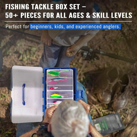 Person holding open tackle box from the All In One 448 Piece Fishing Lures Kit With Large Three Layer Tackle Box Set Including Hooks Weights Bobbers Pliers Rigs Leaders And Accessories Ideal Gift For Men And Kids Who Love Fishing Ready To Fish, showing colorful lures.