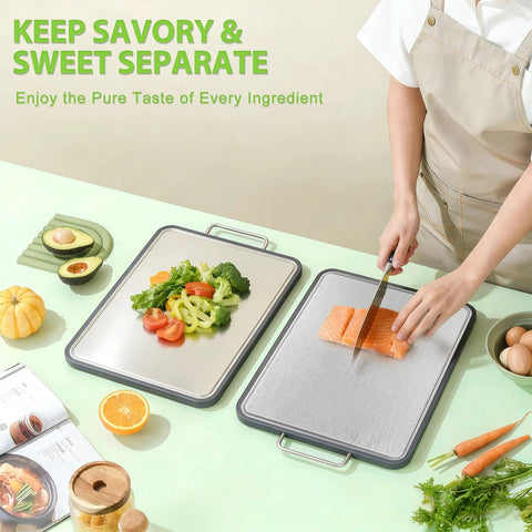 ANYZONE stainless steel cutting board, 17x11 in, double-sided with handles and juice grooves.