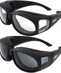 Over Glasses Motorcycle Safety Sunglasses 2 Pack Smoke And Clear Lenses For Day And Night Use with foam padding visible