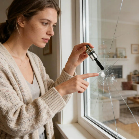 Woman using Glass Repair Liquid Bonder 5ml Quick Dry Crack Fix Sealant For Car Windshield And Home Glass on cracked window