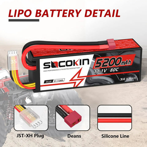 3S 11.1V 5200mAh Lipo Battery With Deans T Connector Beefy Hard Case 80C For RC Cars Trucks Boats Drones FPV Racing