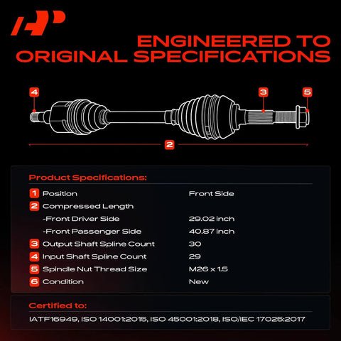 Diagram of Two Front CV Axle Shafts For Honda Odyssey 2011 2013 3.5L V6 With 5 Speed Automatic Transmission showing specifications.