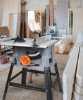Heavy Duty 10 Inch Table Saw With 15 Amp Motor Delivers 5000 RPM Power For Ripping Through Hardwood And Pressure Treated Lumber Features Quick Assembly And Rolling Base For Shop Ready Precision Cuts in a workshop.