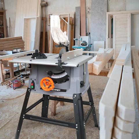 Heavy Duty 10 Inch Table Saw With 15 Amp Motor Delivers 5000 RPM Power For Ripping Through Hardwood And Pressure Treated Lumber Features Quick Assembly And Rolling Base For Shop Ready Precision Cuts in a workshop.