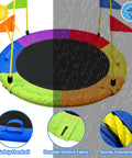 Heavy Duty 750Lb Saucer Tree Swing With Adjustable Straps, vibrant colors, safety handrail, and sturdy connectors under sun and rain