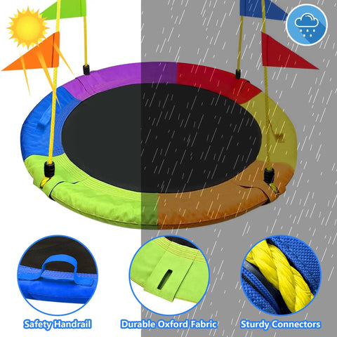 Heavy Duty 750Lb Saucer Tree Swing With Adjustable Straps, vibrant colors, safety handrail, and sturdy connectors under sun and rain
