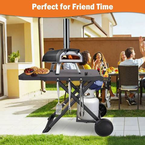 Foldable Grill Cart Stand for Weber Q Series Q1000 Q1200 Q1400 Q2000 Q2200 Q2400 with pizza oven setup in backyard patio