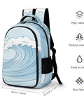 Pastel Watercolor Ocean Wave Print Unisex Backpack Large Capacity Durable Polyester Daypack Front View with Measurements