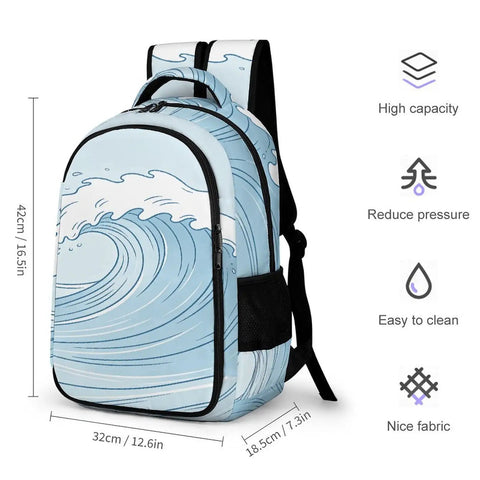 Pastel Watercolor Ocean Wave Print Unisex Backpack Large Capacity Durable Polyester Daypack Front View with Measurements