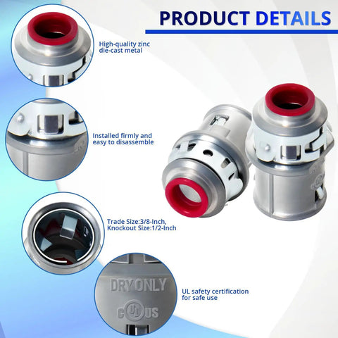 Heavy Duty Snap In Cable Connector For Metal Clad Wiring Smooth Install Zinc Conduit Fitting 3/8 Inch showing die-cast detail.