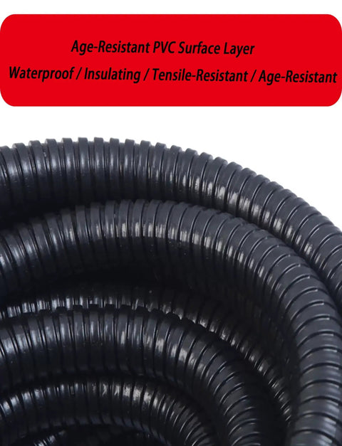 Built Different Five Meter Flexible Corrugated Conduit For Wire Protection Rock Solid Black PVC Wrapped Metal Cable Sleeve rolled and stacked.