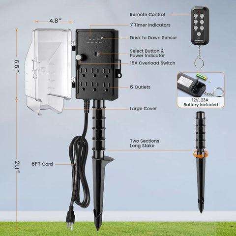 Outdoor Power Stake Timer With Remote Waterproof And Dusk To Dawn Sensor 100 Ft Range 6 Outlets 6 Ft Cord diagram