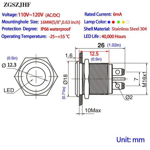 Technical diagram of Red And Green LED Indicator Light 16mm Mounting Hole Five Eighths Inch Waterproof Stainless Steel Pilot Panel Lamp