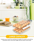 Kitchen counter with stackable clear egg organizer trays filled with eggs, labeled 'Rolling Egg Tray With Lid For Fridge'