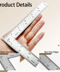 Solid As A Rock Stainless Steel L Shaped Square Ruler Featuring Dead On 4 By 6 Inch Dual Side Etchings shown in hand.