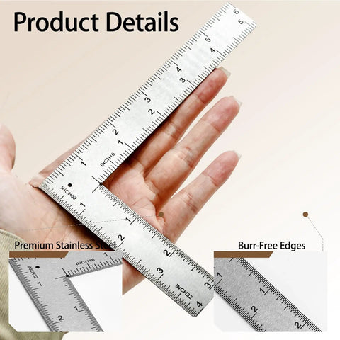 Solid As A Rock Stainless Steel L Shaped Square Ruler Featuring Dead On 4 By 6 Inch Dual Side Etchings shown in hand.