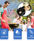 Propane Tank Gauge Level Indicator For 20Lb Tanks With Leak Detector, brass gauge shown above BBQ party scene with features listed.