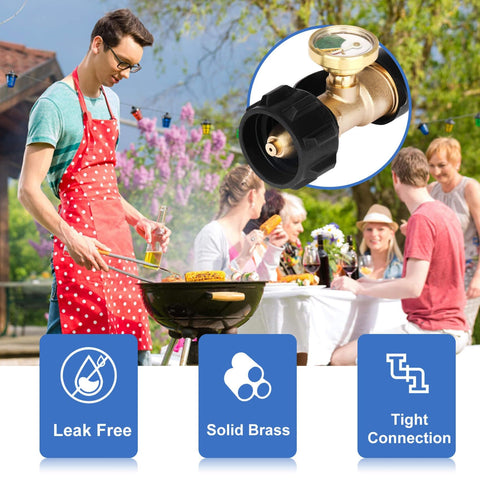 Propane Tank Gauge Level Indicator For 20Lb Tanks With Leak Detector, brass gauge shown above BBQ party scene with features listed.