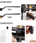 Front view of 3D printer tools kit showing cleaning brushes (nylon and copper) and needle cleaning set.
