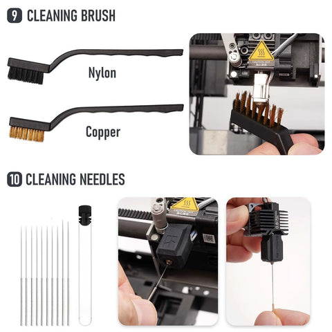 Front view of 3D printer tools kit showing cleaning brushes (nylon and copper) and needle cleaning set.