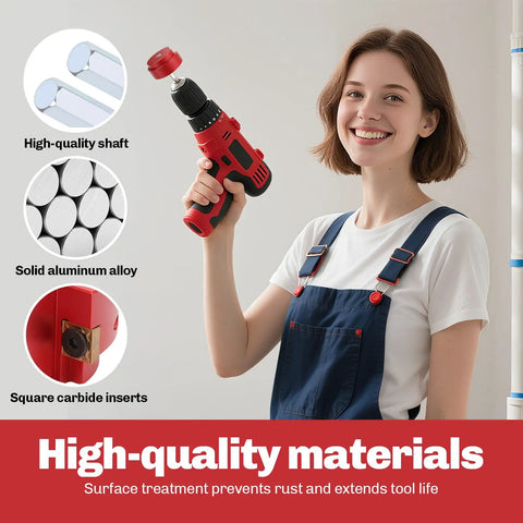 Woman using drill to demonstrate Pro Grade 9 Piece PVC Pipe Reamer Kit With 1/2, 3/4, 1, 1-1/4, 1-1/2, 2, 2-1/2, 3, 4 Inch Reamers For SCH40 PVC ABS CPVC Pipe Jacket Prep Includes Hex Wrench And 2 Carbide Inserts