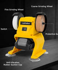 Hard Charging Cordless Mini Bench Grinder Polisher Rolling 5500 Rpm showing fine and coarse grinding wheels, switch, and anti-vibration feet.